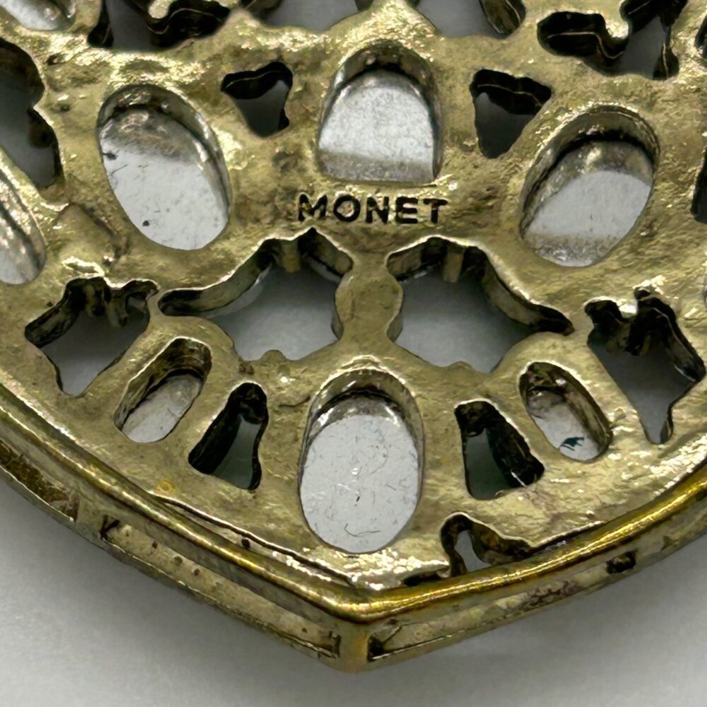 Vintage Monet Brooch Pin Multi-Colored Acrylic Stones Gold Tone Signed Round - Picture 4 of 16